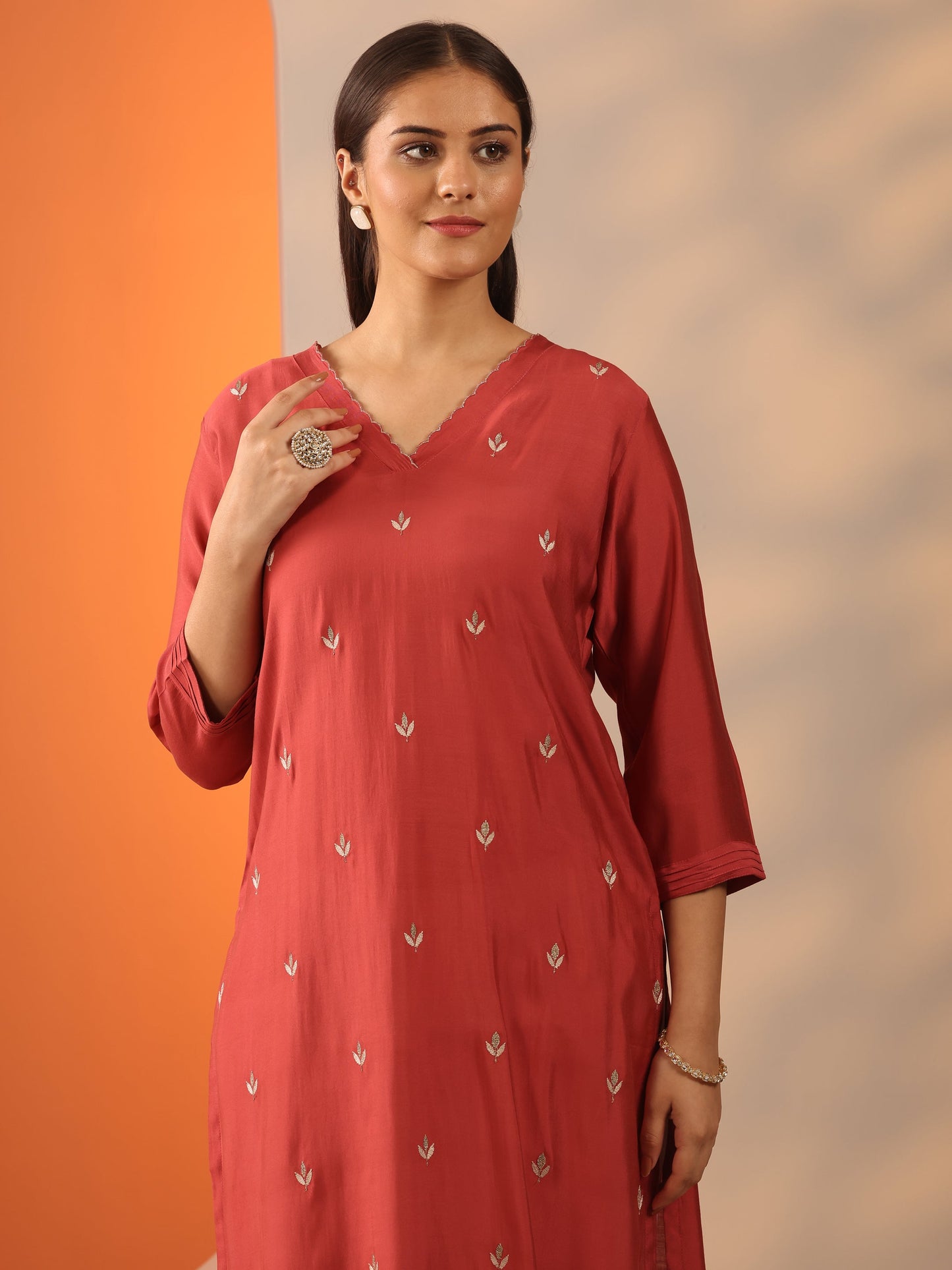 Rust Embroidered Silk Blend Straight Kurta