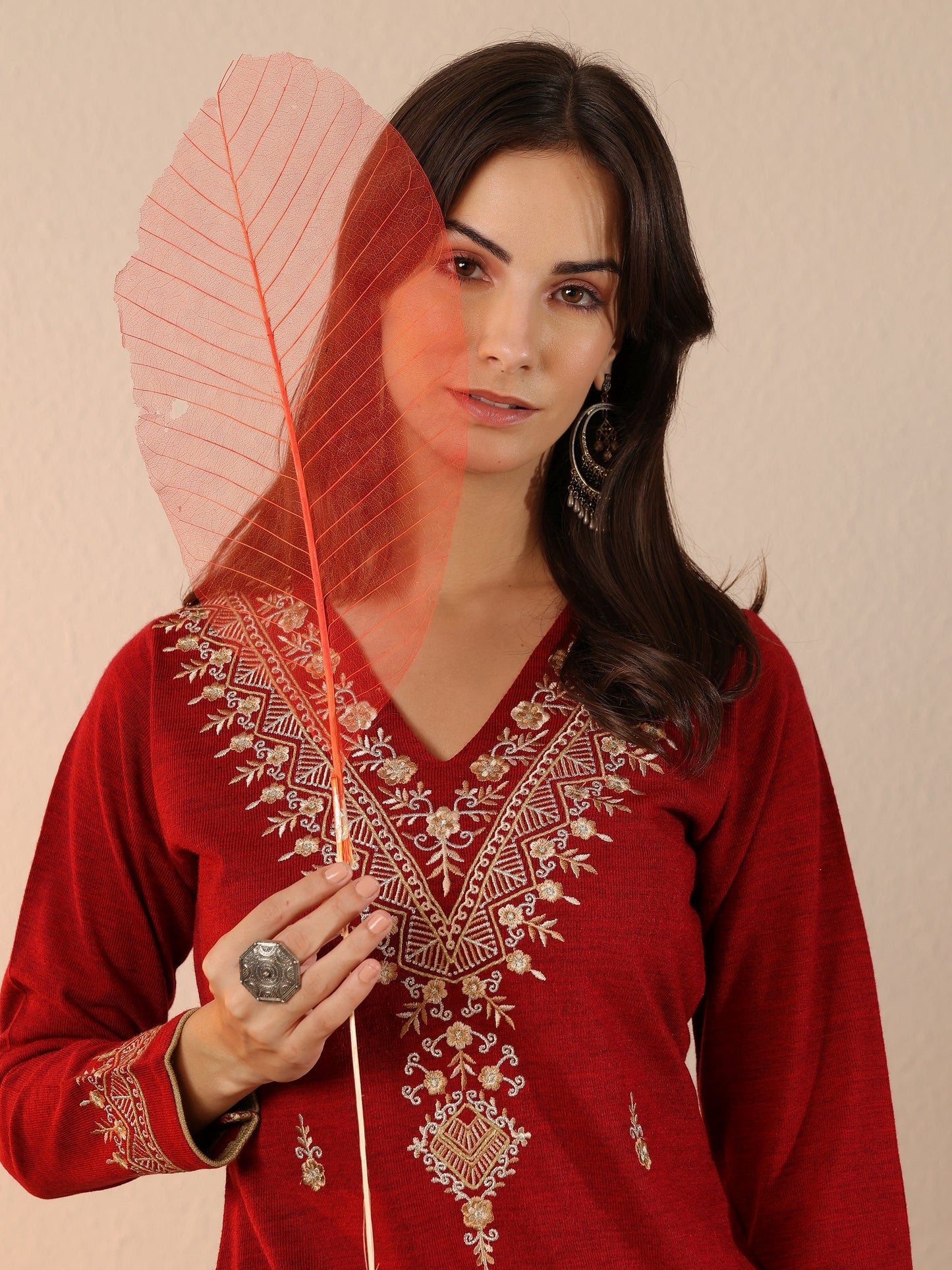 Red Embroidered Wool Straight Kurta
