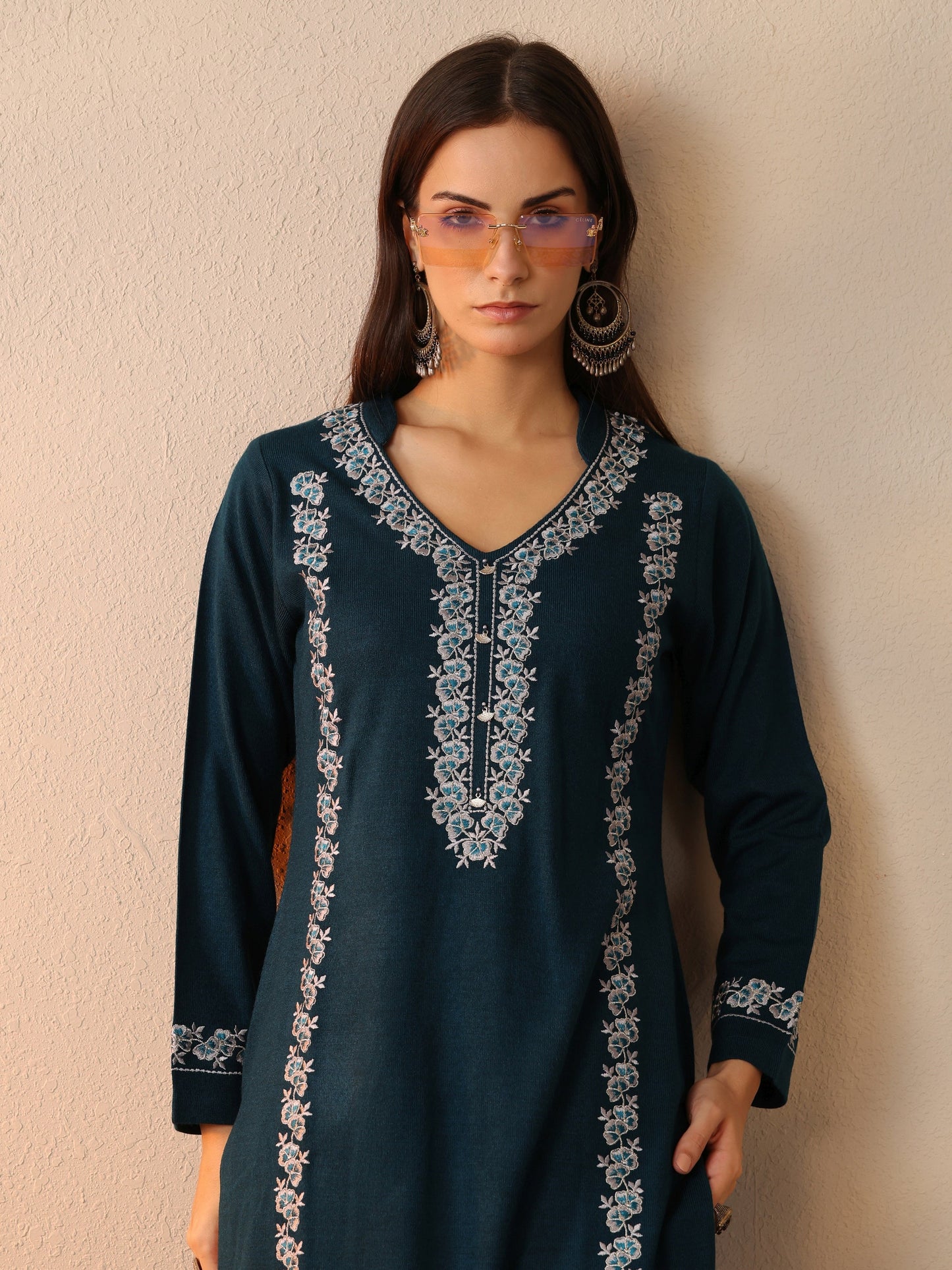 Teal Embroidered Wool Straight Kurta