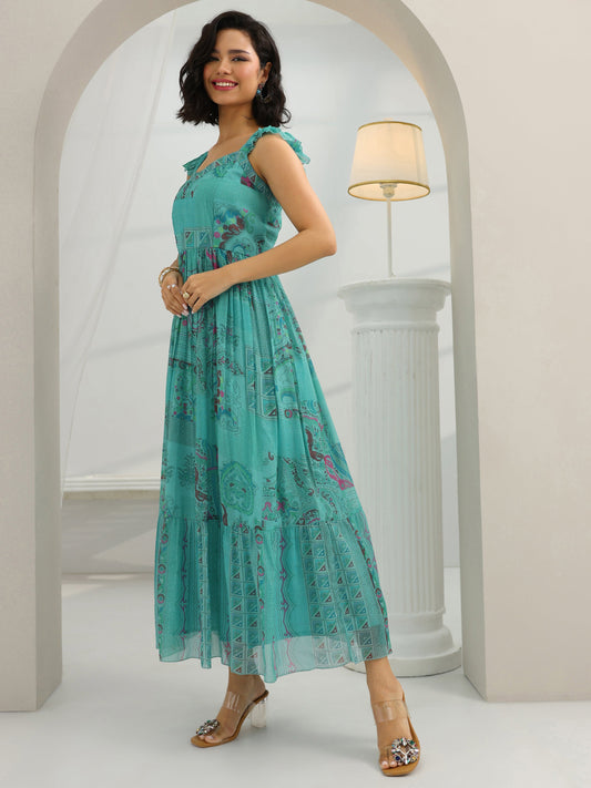 Blue Printed Chiffon Fit And Flare One Piece Dress