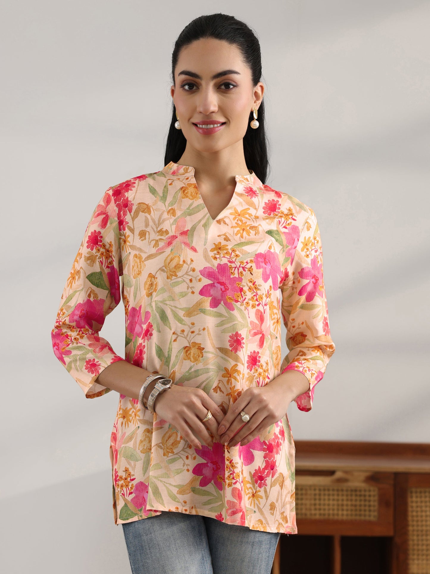 Yellow Printed Muslin Straight Short Kurti