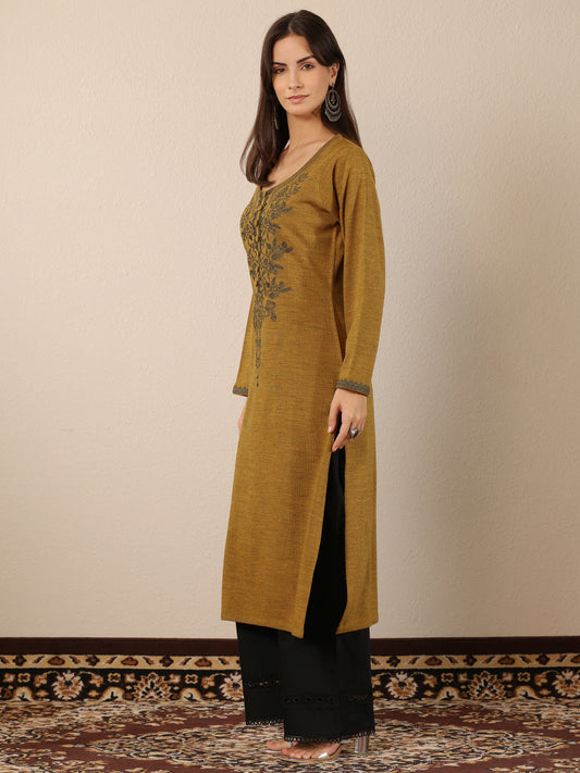 Mustard Embroidered Wool Straight Kurta