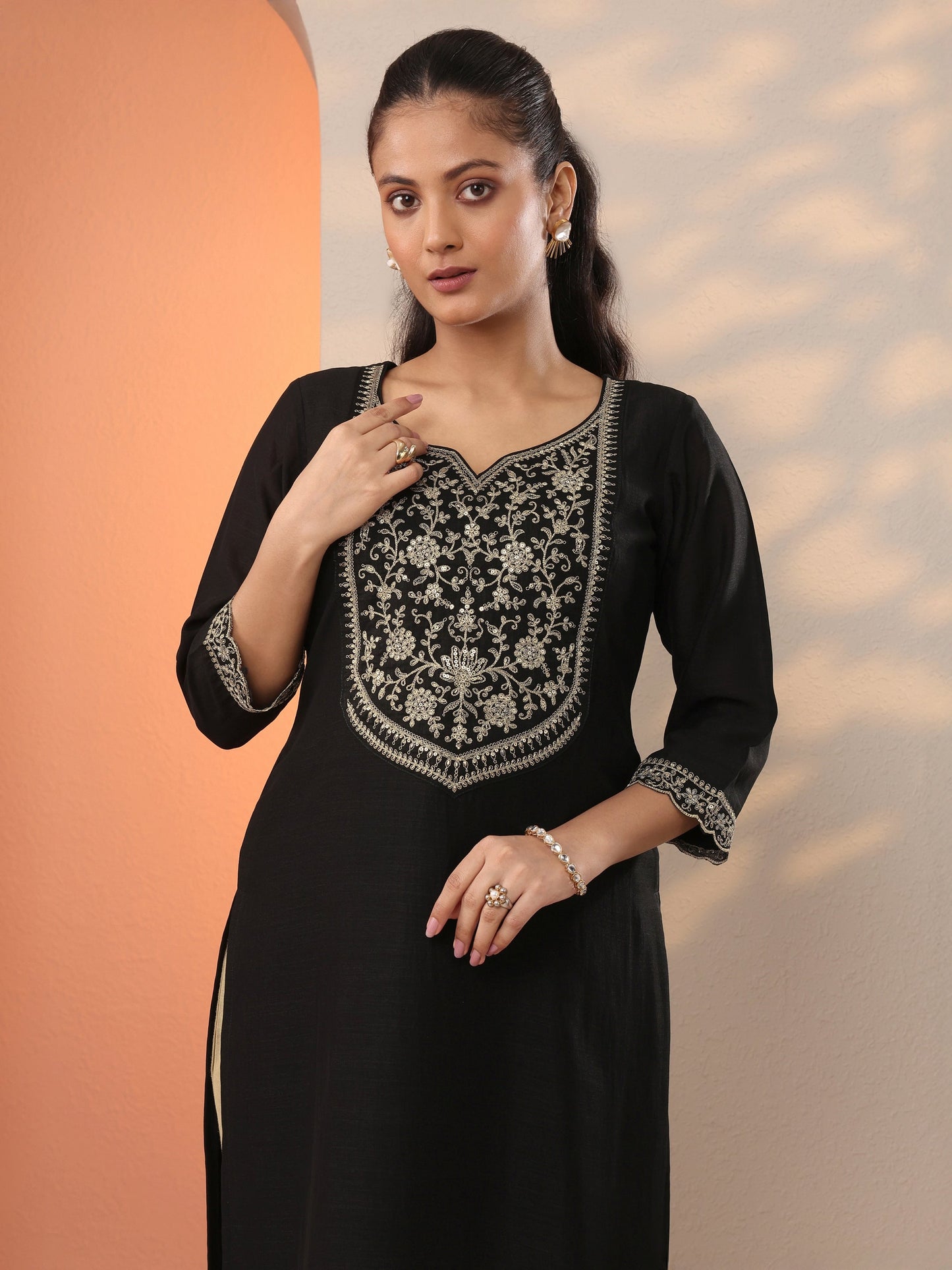 Black Embroidered Silk Blend Straight Kurta