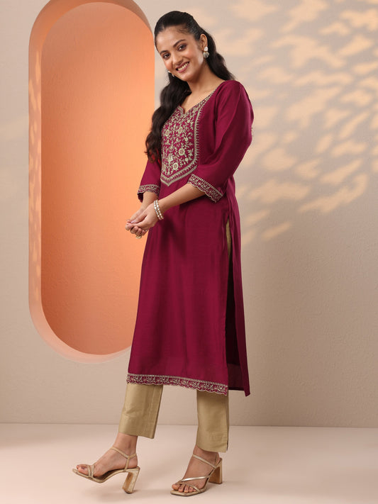 Maroon Embroidered Silk Blend Straight Kurta