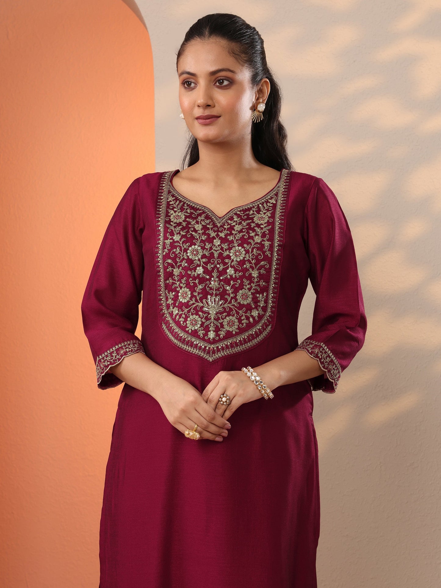 Maroon Embroidered Silk Blend Straight Kurta