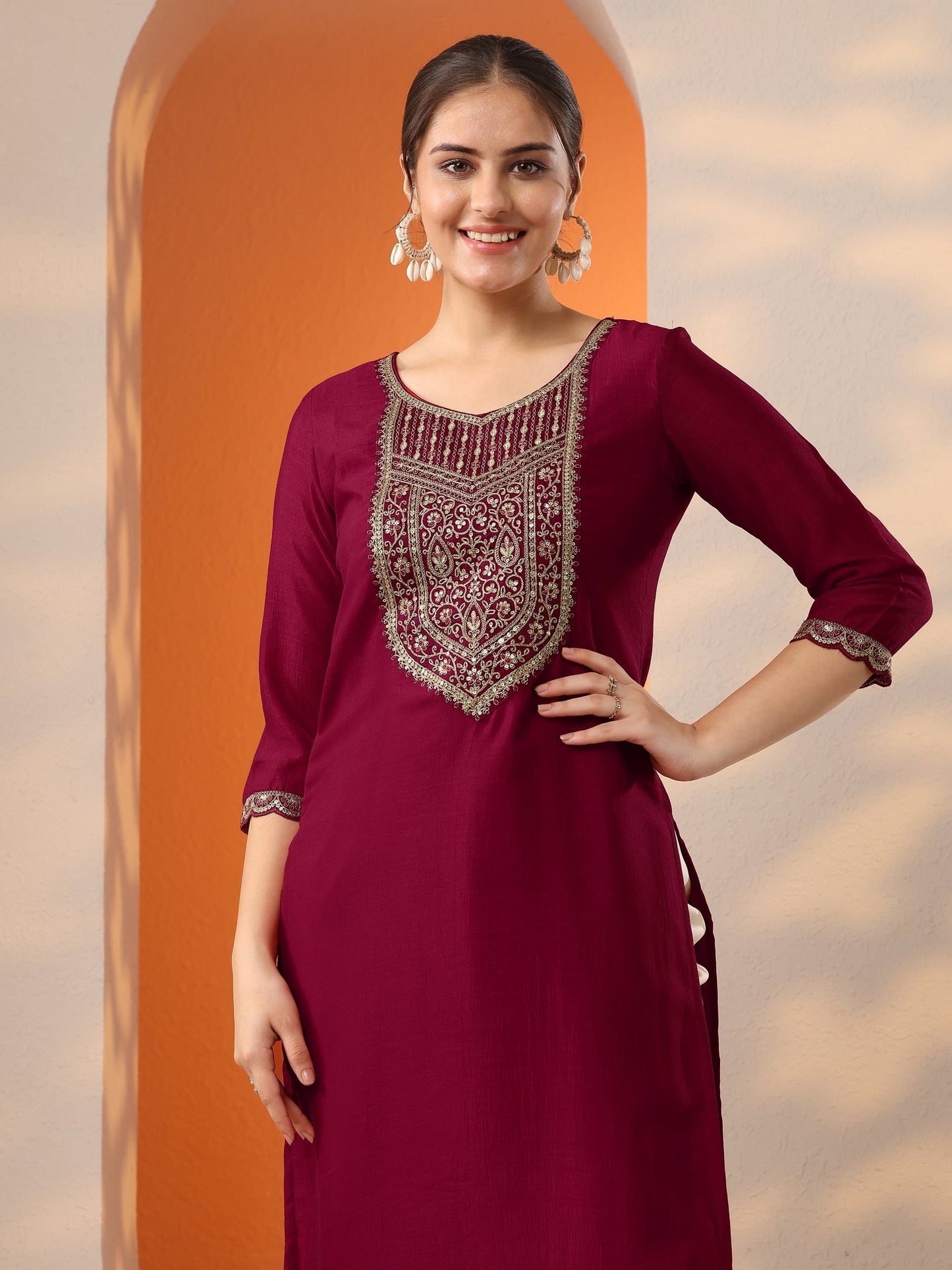 Pink Embroidered Silk Blend Straight Kurta