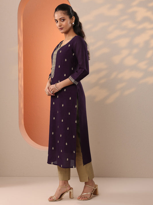 Purple Embroidered Silk Blend Straight Kurta
