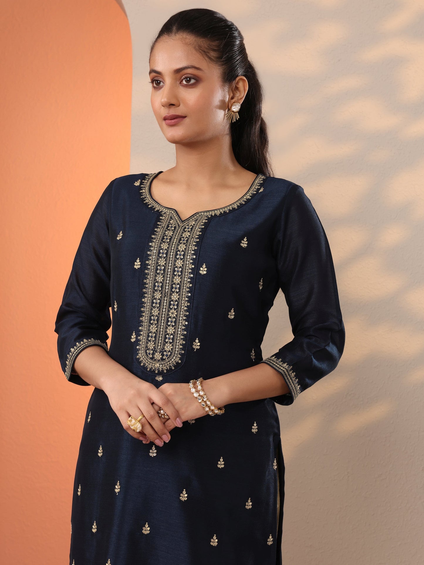Navy Blue Embroidered Silk Blend Straight Kurta