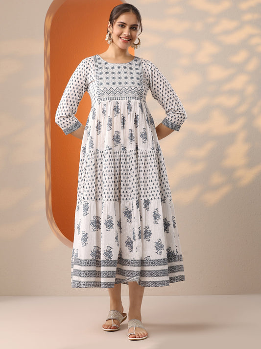 White Printed Cotton Fit And Flare One Piece Dress