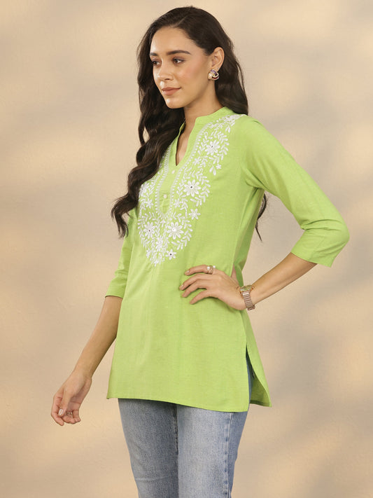 Green Yoke Design Cotton Blend Straight Short Kurti