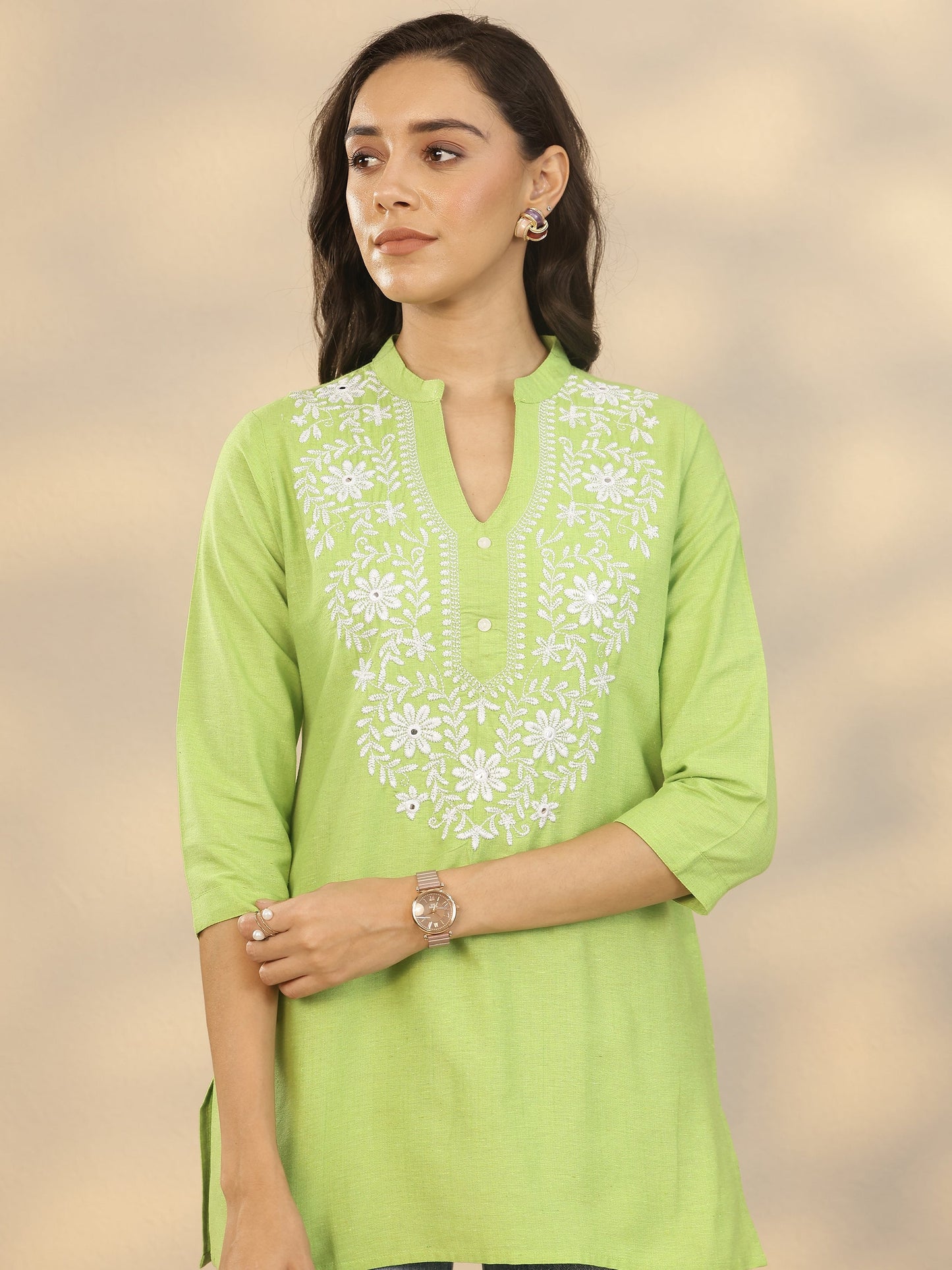 Green Yoke Design Cotton Blend Straight Short Kurti