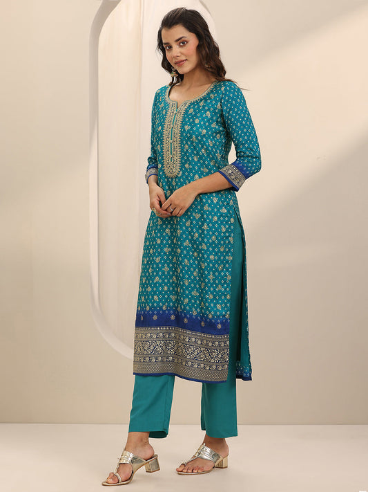 Blue Printed Silk Blend Straight Suit Set With Dupatta