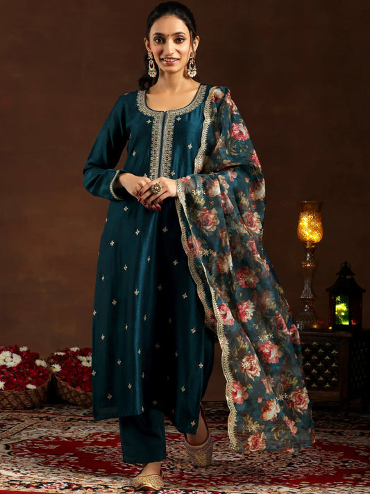 Teal Embroidered Silk Blend Straight Suit With Dupatta
