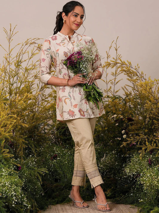 Beige Printed Silk Blend A-Line Kurti