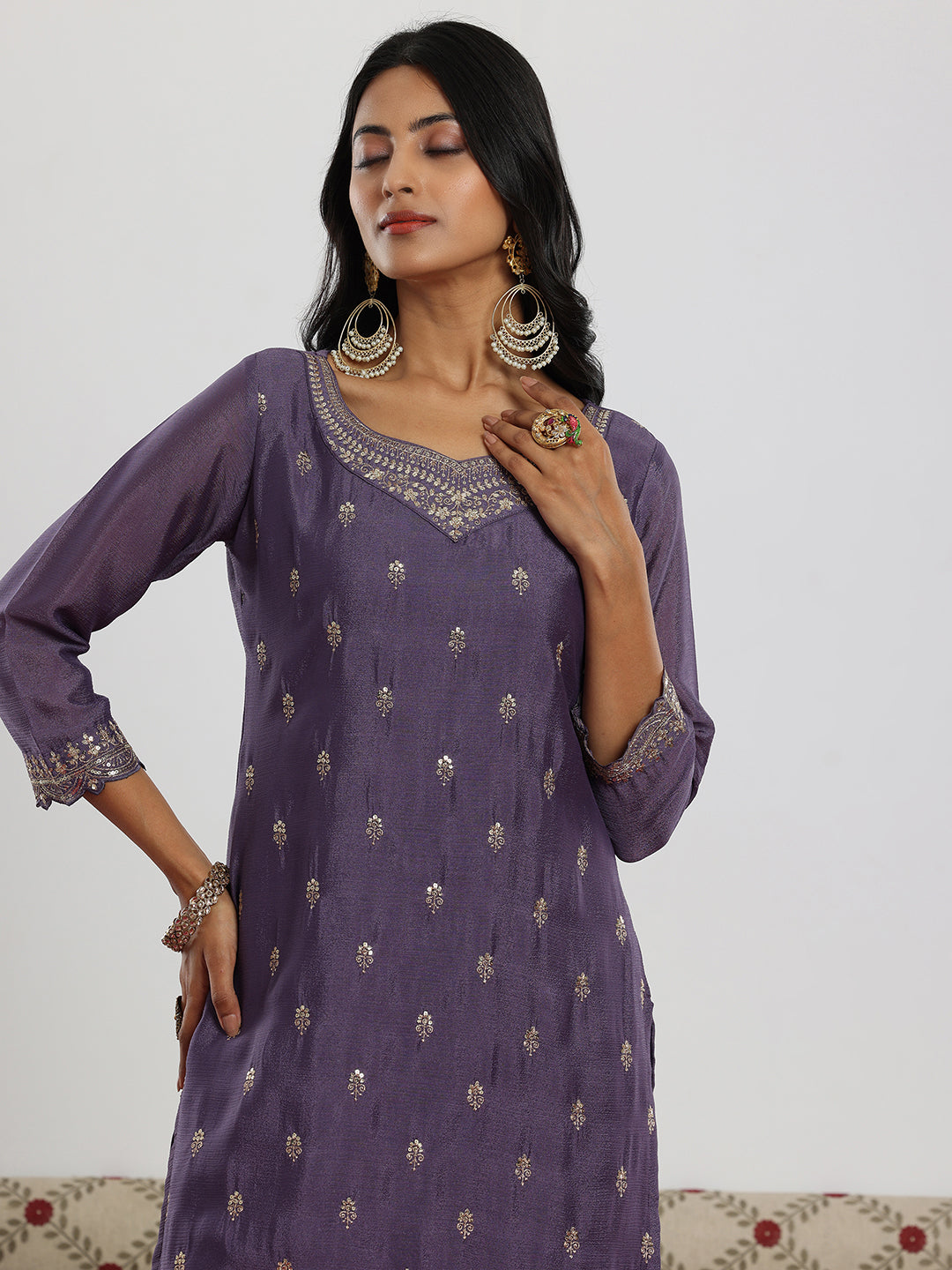 Purple Embroidered Silk Blend Straight Suit With Dupatta