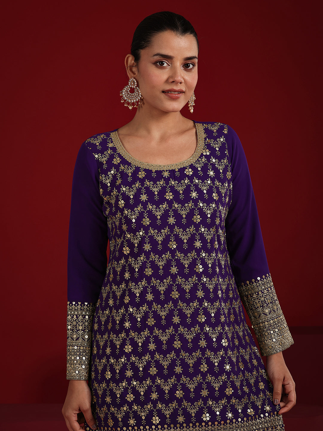 Libas Art Purple Embroidered Georgette Straight Suit Set With Dupatta