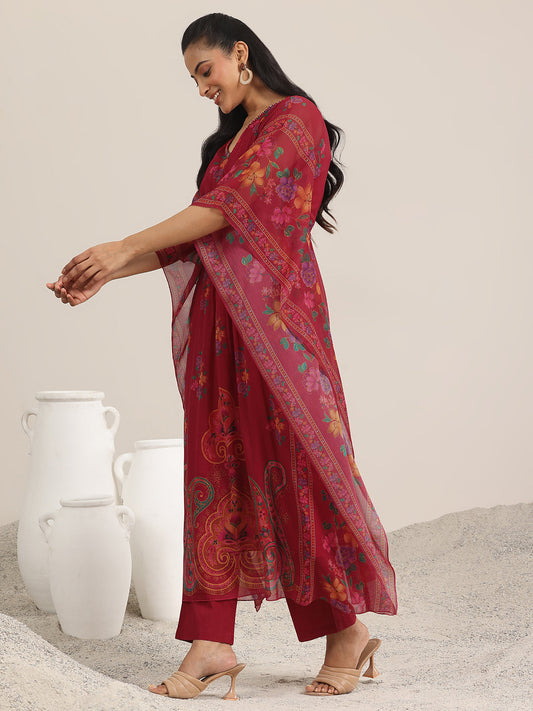 Maroon Printed Chiffon A-line Kurta Set