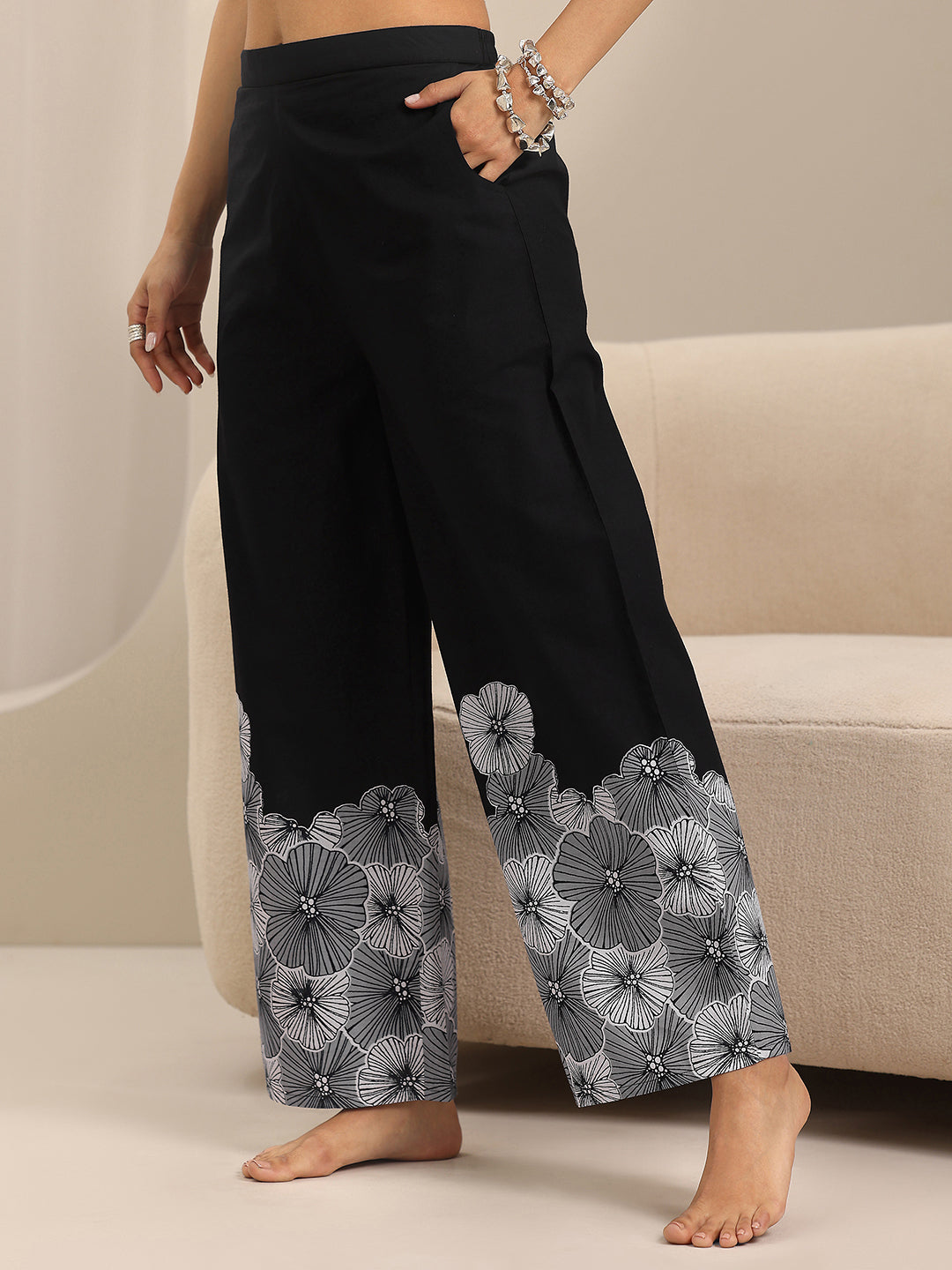 Black Printed Cotton Night Suits
