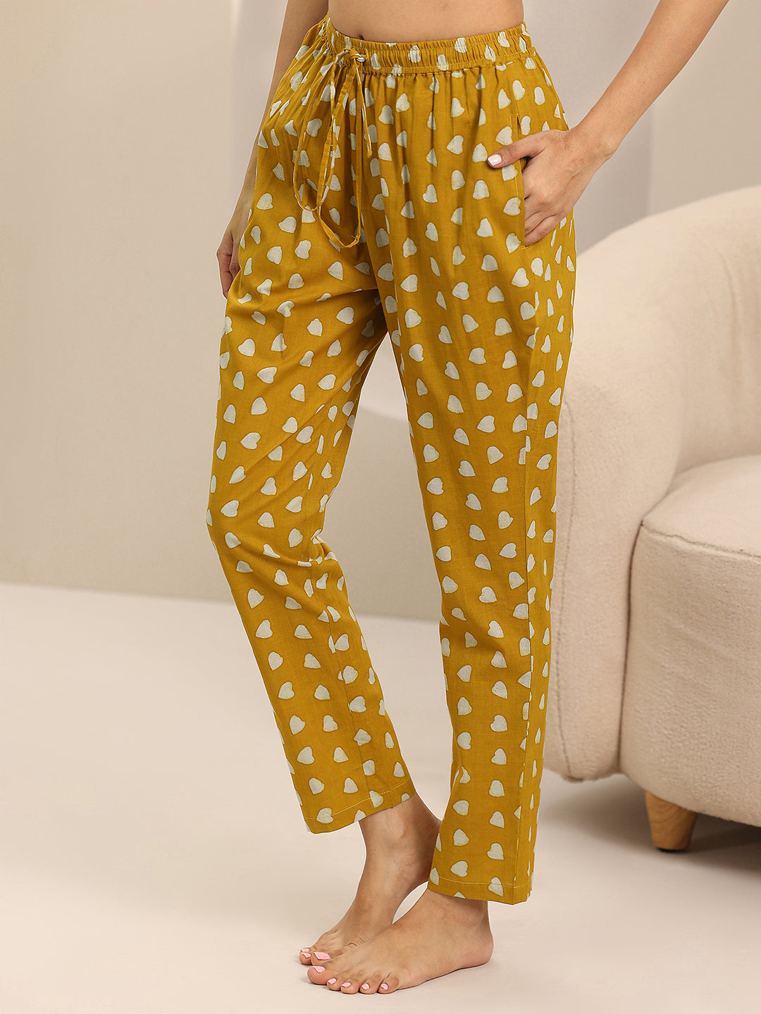 Mustard Printed Cotton Night Suits