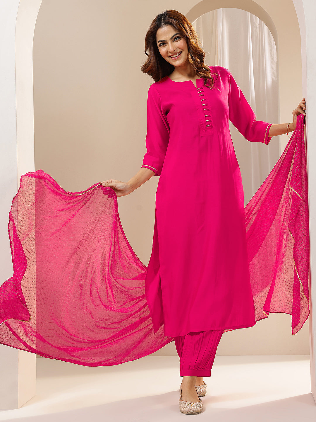 Pink Solid Silk Blend Straight Suit Sets With Dupatta