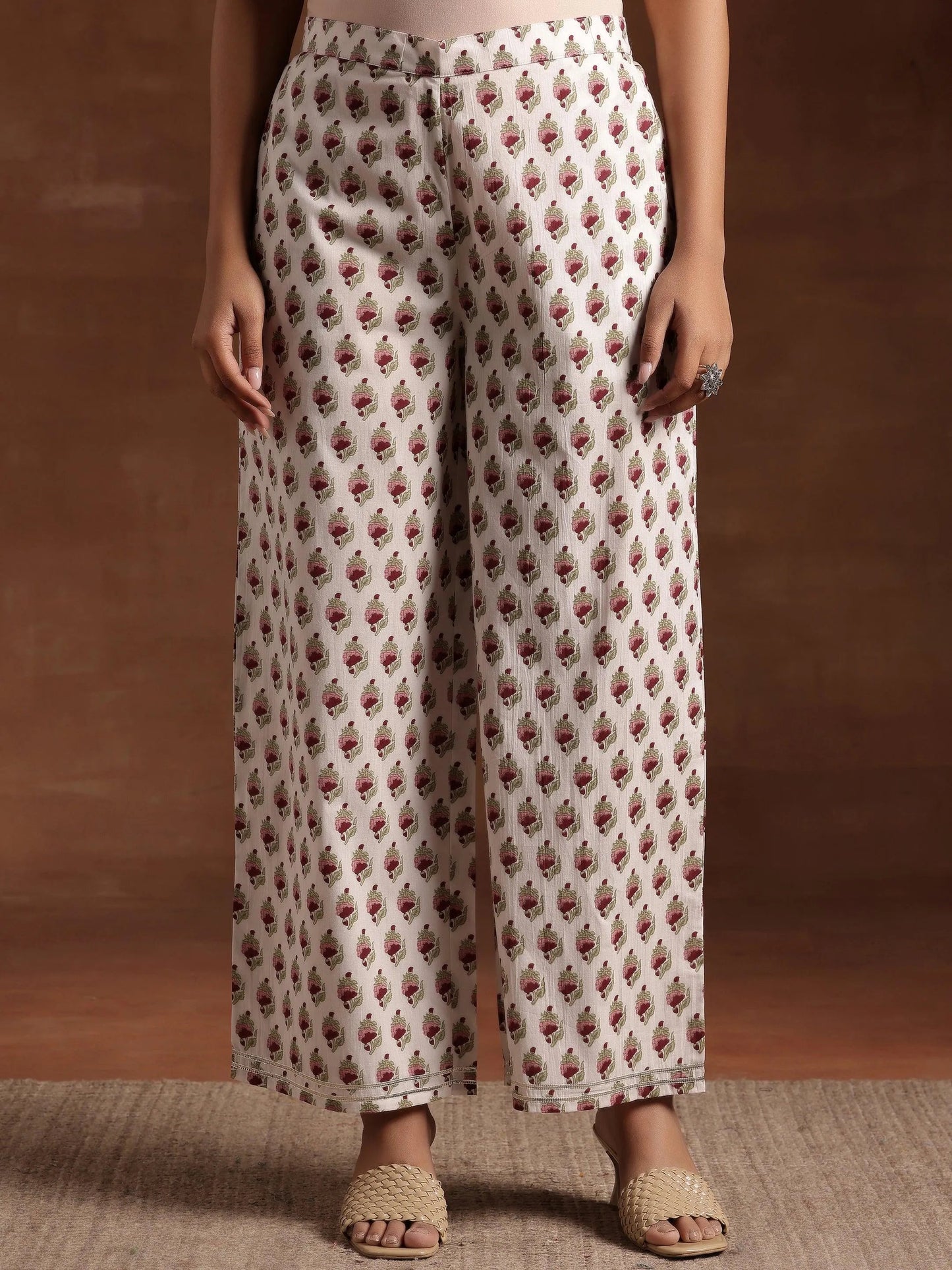 Off white Printed Cotton A-Line Kurta With Palazzos