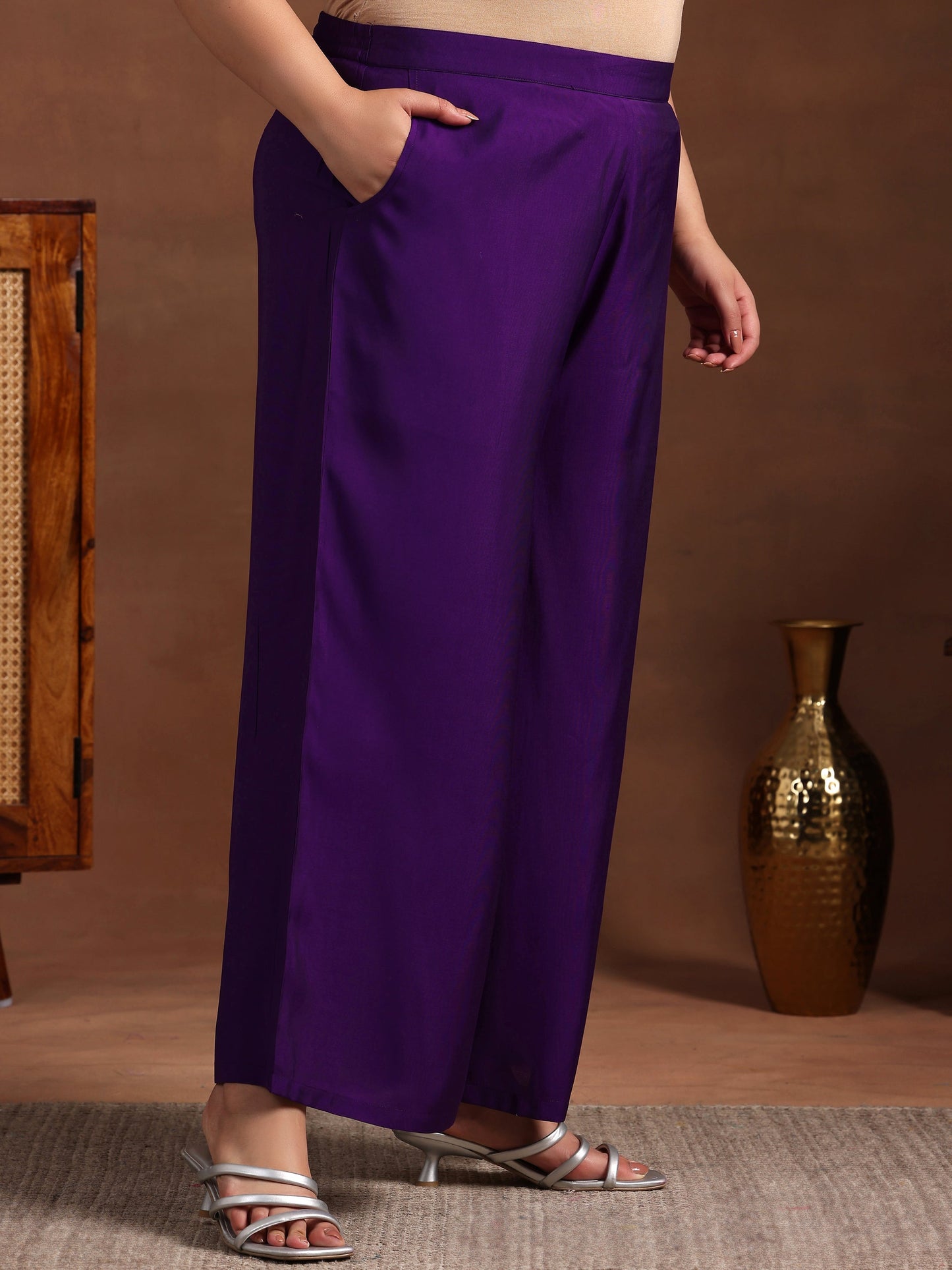 Plus Size Purple Yoke Design Silk Blend Straight Kurta Set