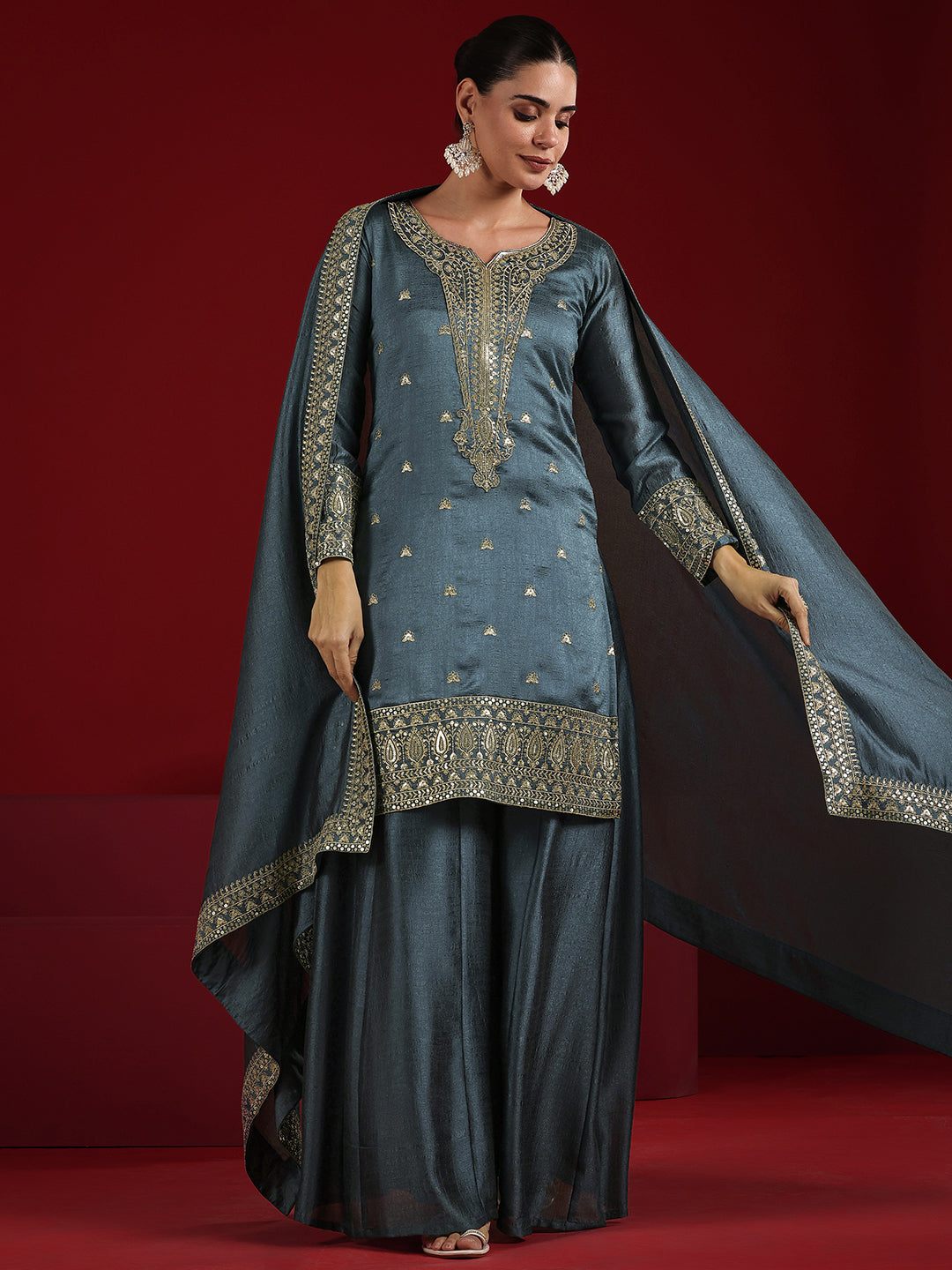 Libas Art Blue Embroidered Silk Blend Straight Suit Set With Dupatta