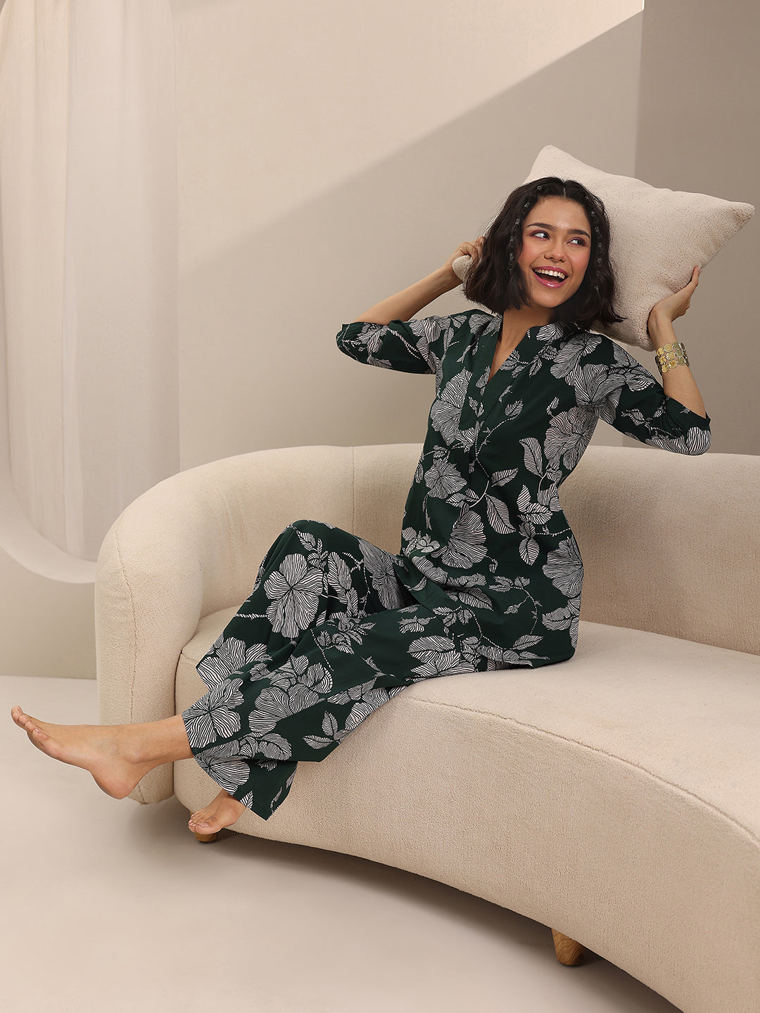 Green Printed Cotton Night Suits