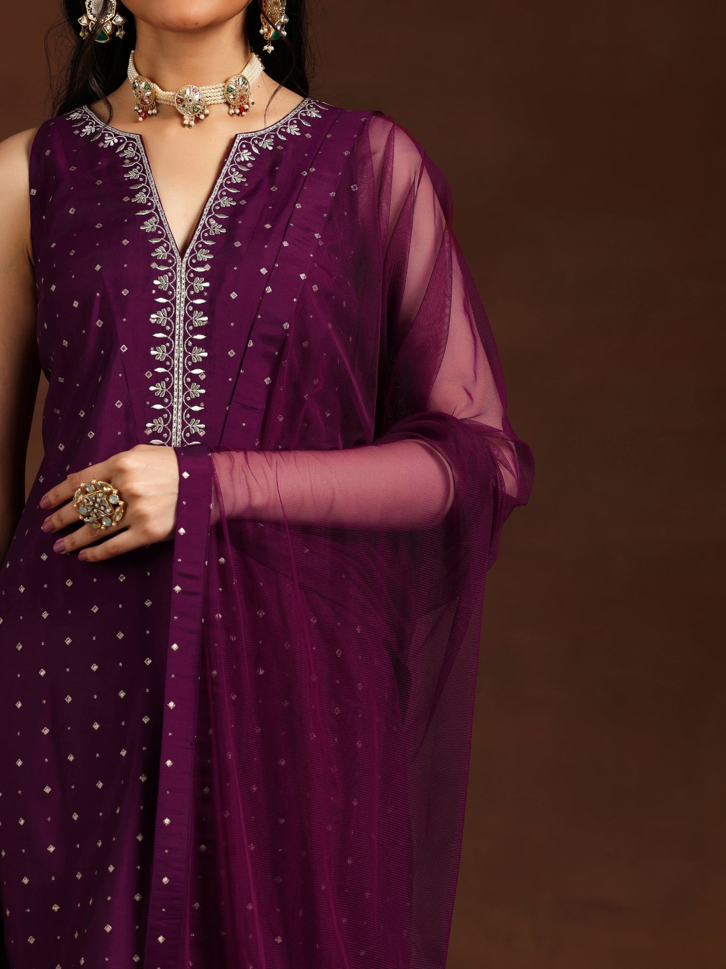 Wine Embroidered Silk Blend Straight Suit With Dupatta