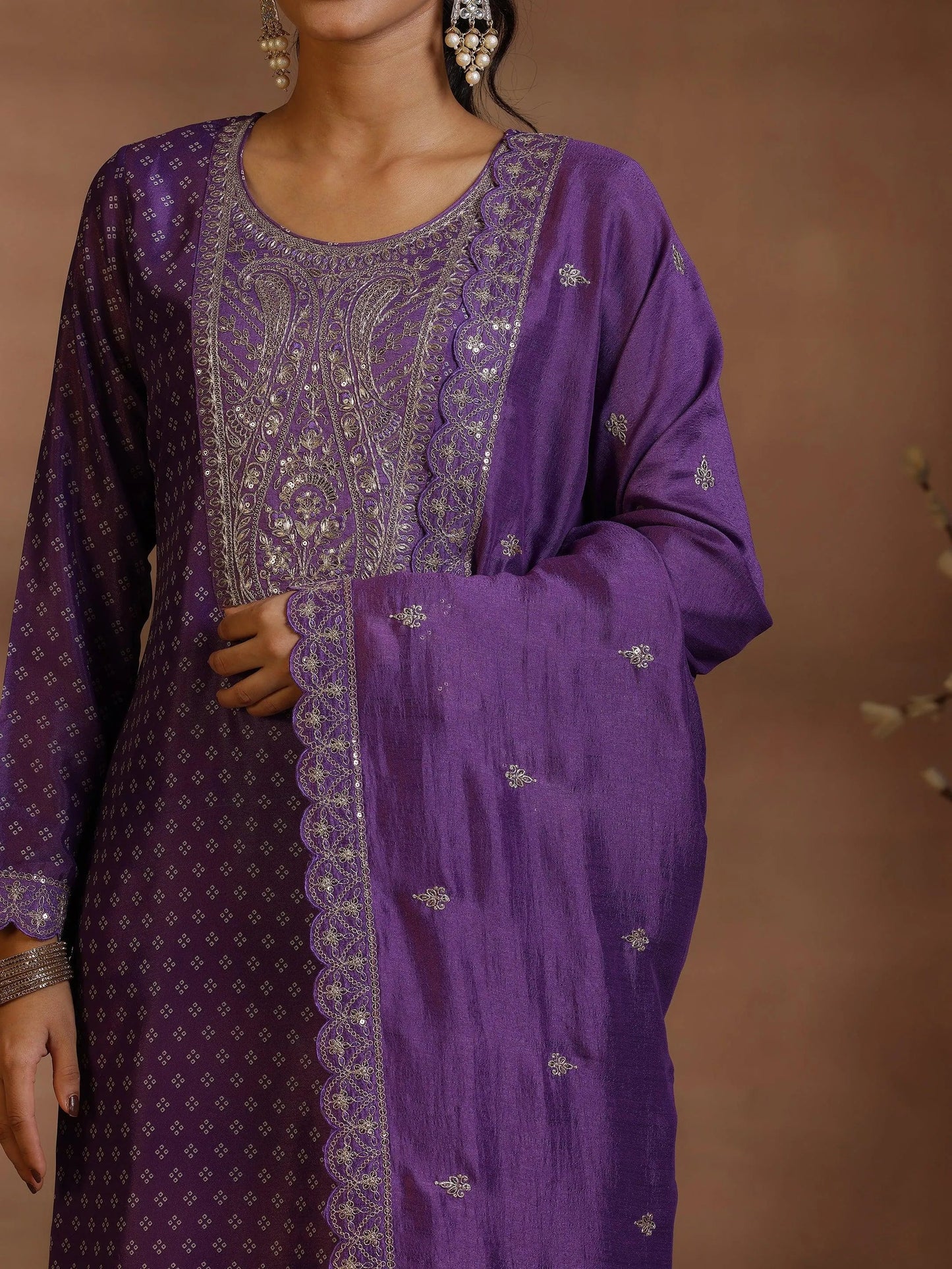 Purple Printed Silk Blend Straight Suit With Dupatta