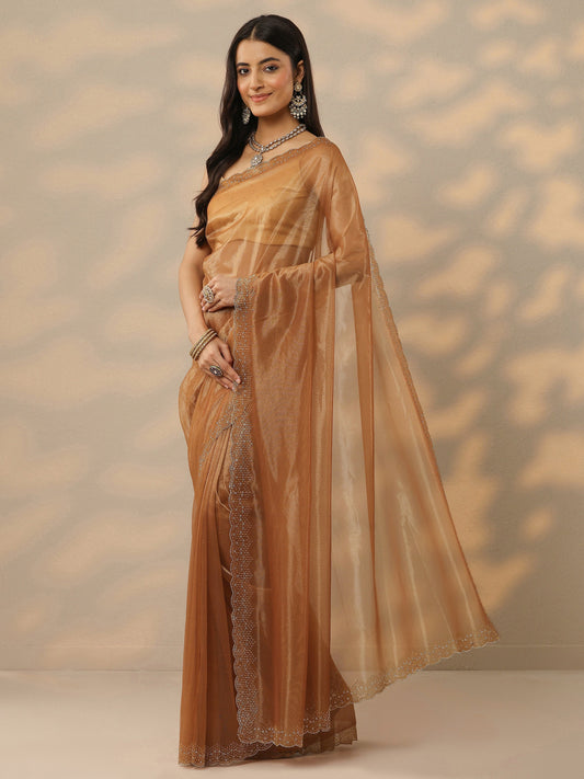 Rust Embellished Nylon Saree With Unstitched Blouse Piece