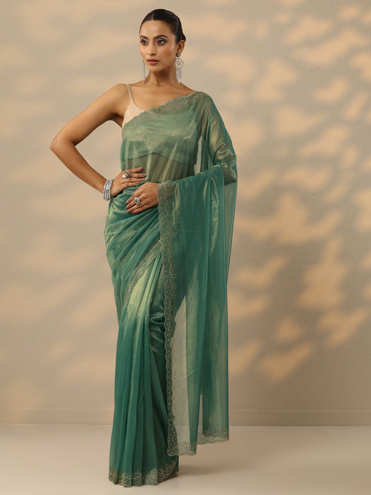 Green Embellished Nylon Saree With Unstitched Blouse Piece