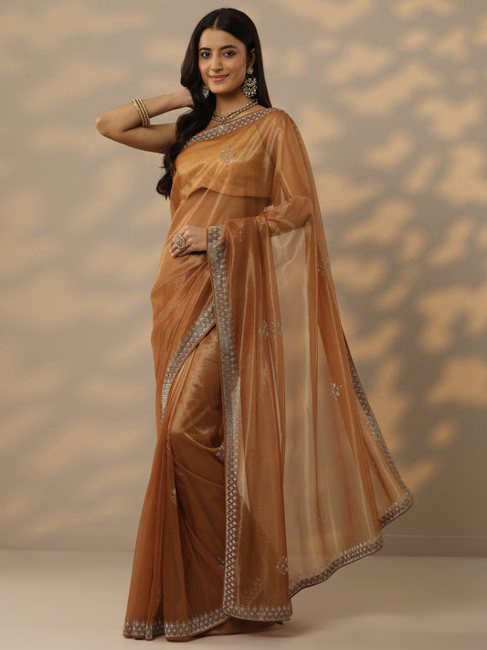 Rust Embellished Nylon Saree With Unstitched Blouse Piece