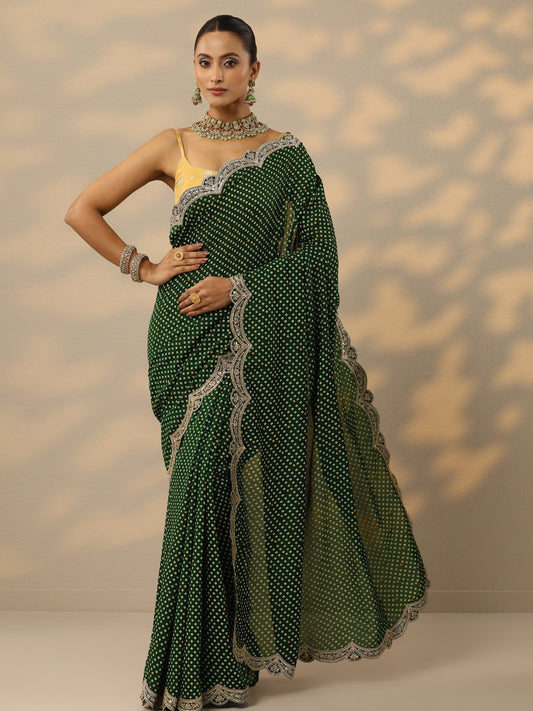 Green Bandhani Printed Silk Blend Saree With Unstitched Blouse Piece