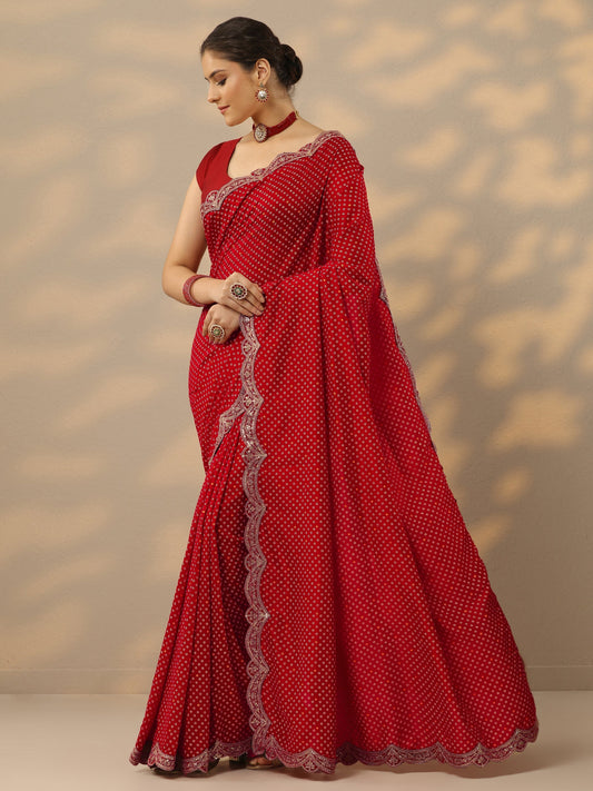 Red Bandhani Printed Silk Blend Saree With Unstitched Blouse Piece