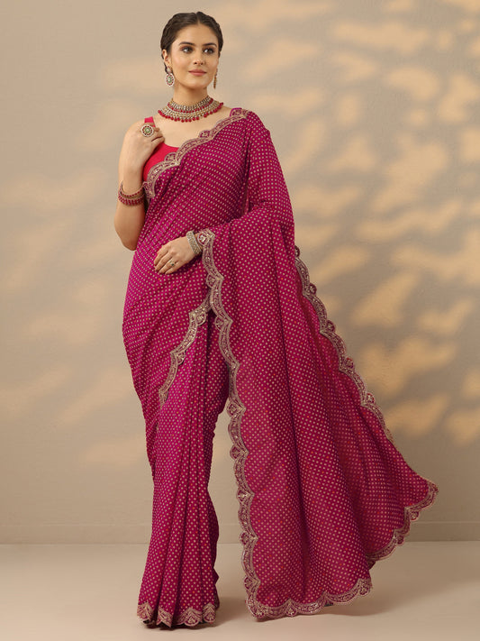 Pink Bandhani Printed Silk Blend Saree With Unstitched Blouse Piece