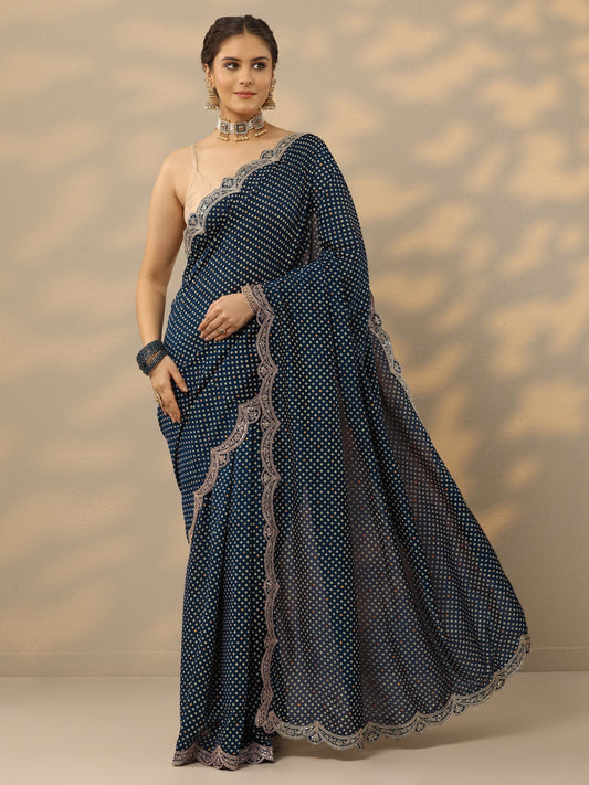 Blue Printed Silk Blend Saree With Unstitched Blouse Piece