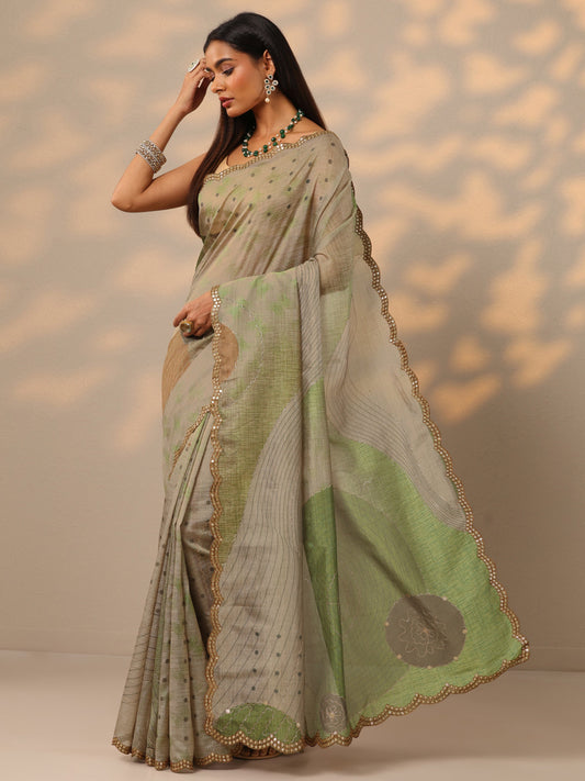 Green Printed Silk blend Saree With Unstitched Blouse Piece