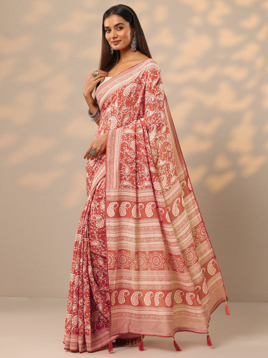 Orange Printed Georgette Saree With Unstitched Blouse Piece