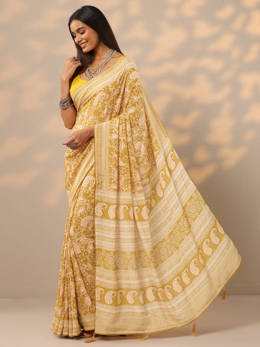 Mustard Printed Georgette Saree With Unstitched Blouse Piece