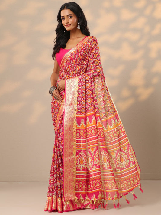 Magenta Printed Banarasi Georgette Saree With Unstitched Blouse Piece