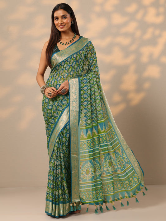 Teal Printed Georgette Saree With Unstitched Blouse Piece