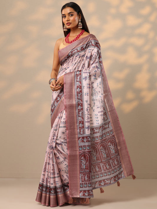 Pink Printed Silk blend Saree With Unstitched Blouse Piece