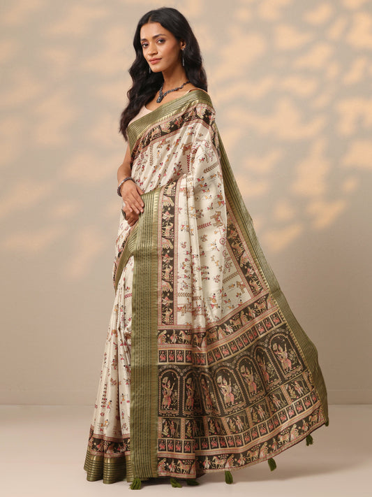 Green Printed Silk blend Saree With Unstitched Blouse Piece