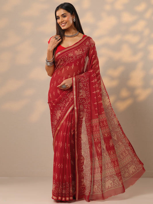 Red Ikat Printed Chiffon Saree With Unstitched Blouse Piece