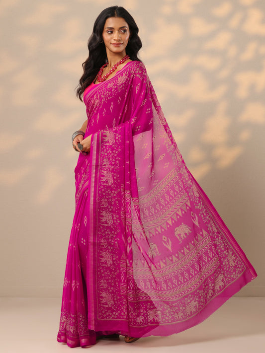 Pink Ikat Printed Chiffon Saree With Unstitched Blouse Piece