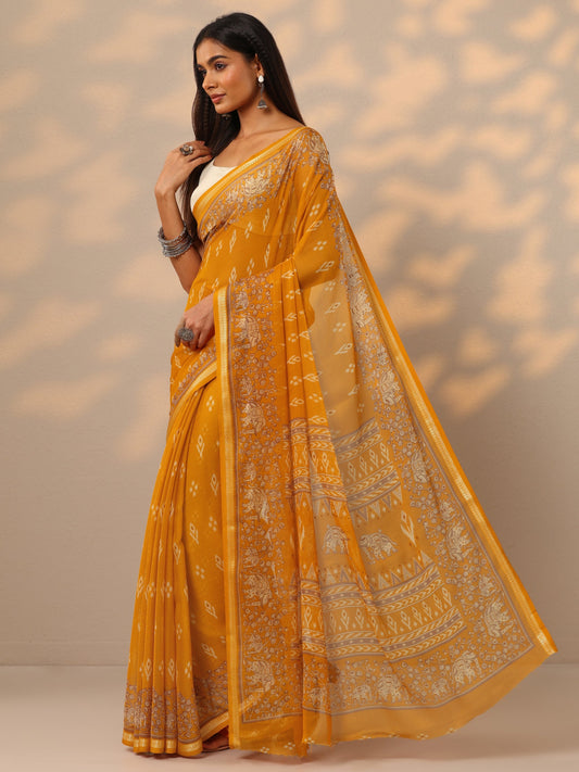 Mustard Ikat Printed Chiffon Saree With Unstitched Blouse Piece