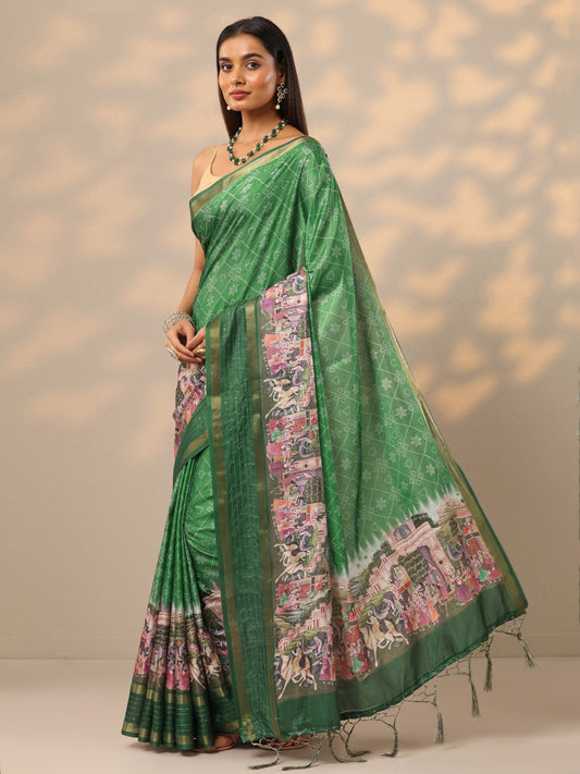 Green Printed Silk blend Saree With Unstitched Blouse Piece