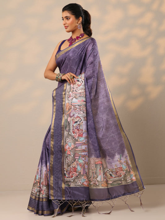 Lavender Bandhani Printed Silk Blend Sarees With Unstitched Blouse Piece