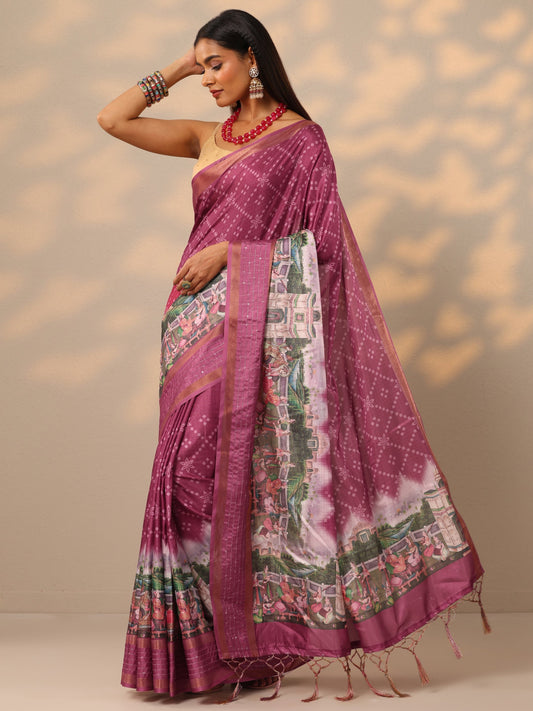 Mauve Printed Silk blend Saree With Unstitched Blouse Piece